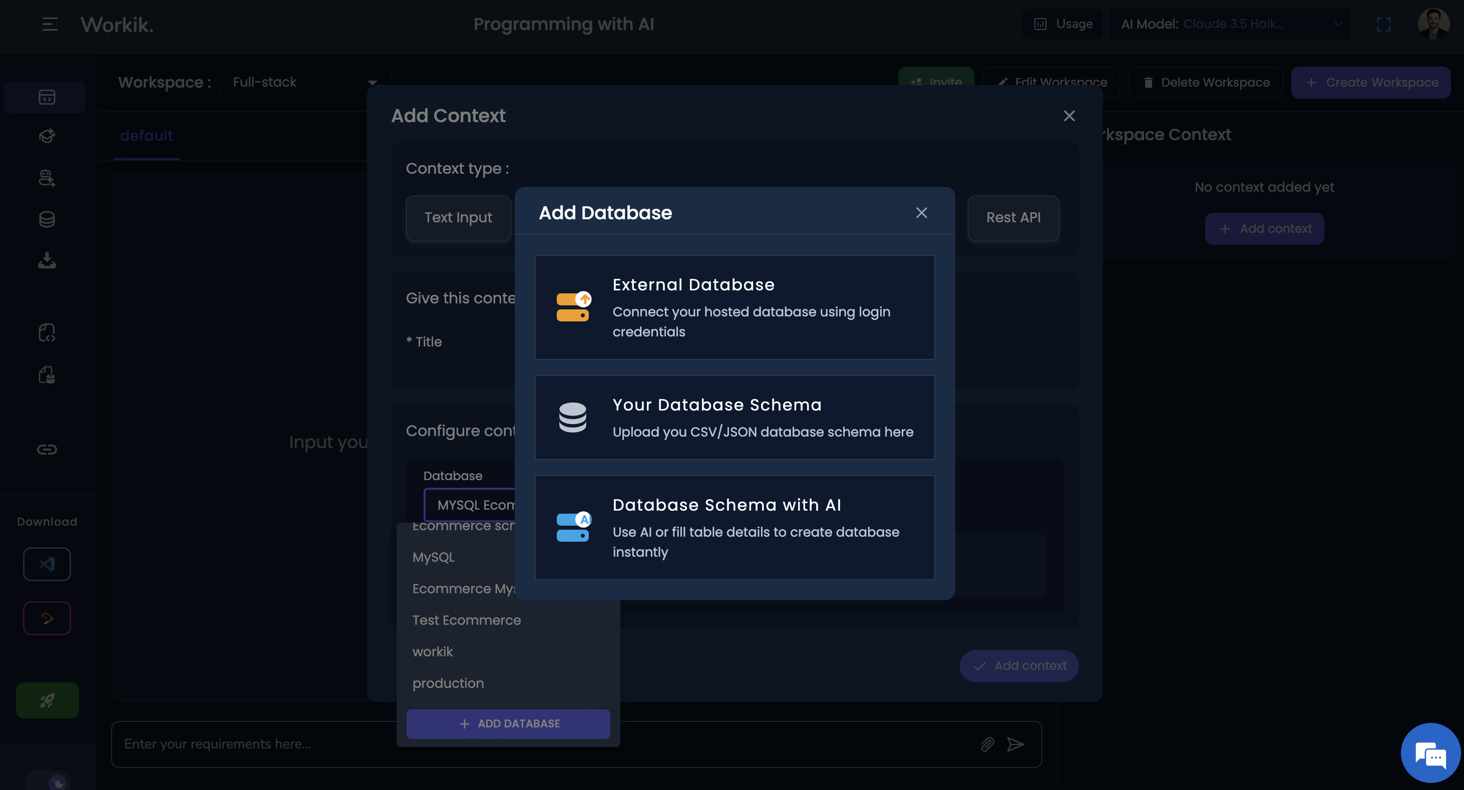 Workik AI workspace creation